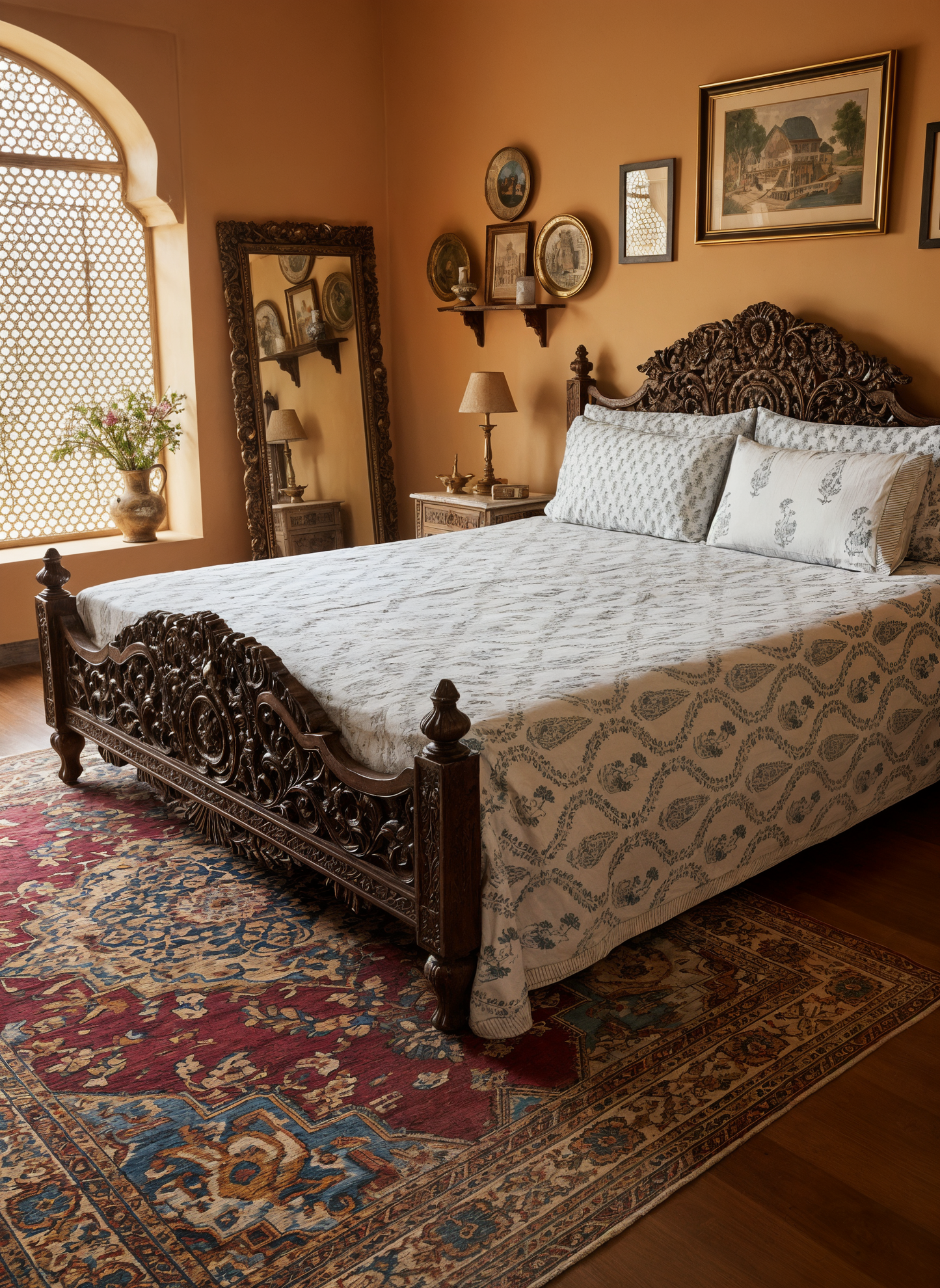 Heritage Block Print 100% Cotton Percale Bedsheet with 2 Pillowcases