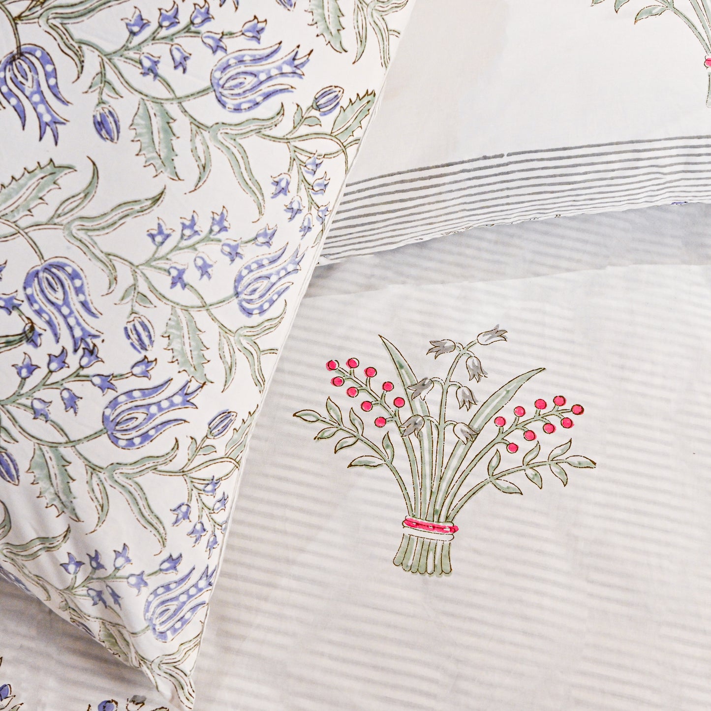 Heritage Block Print 100% Cotton Percale Bedsheet with 2 Pillowcases
