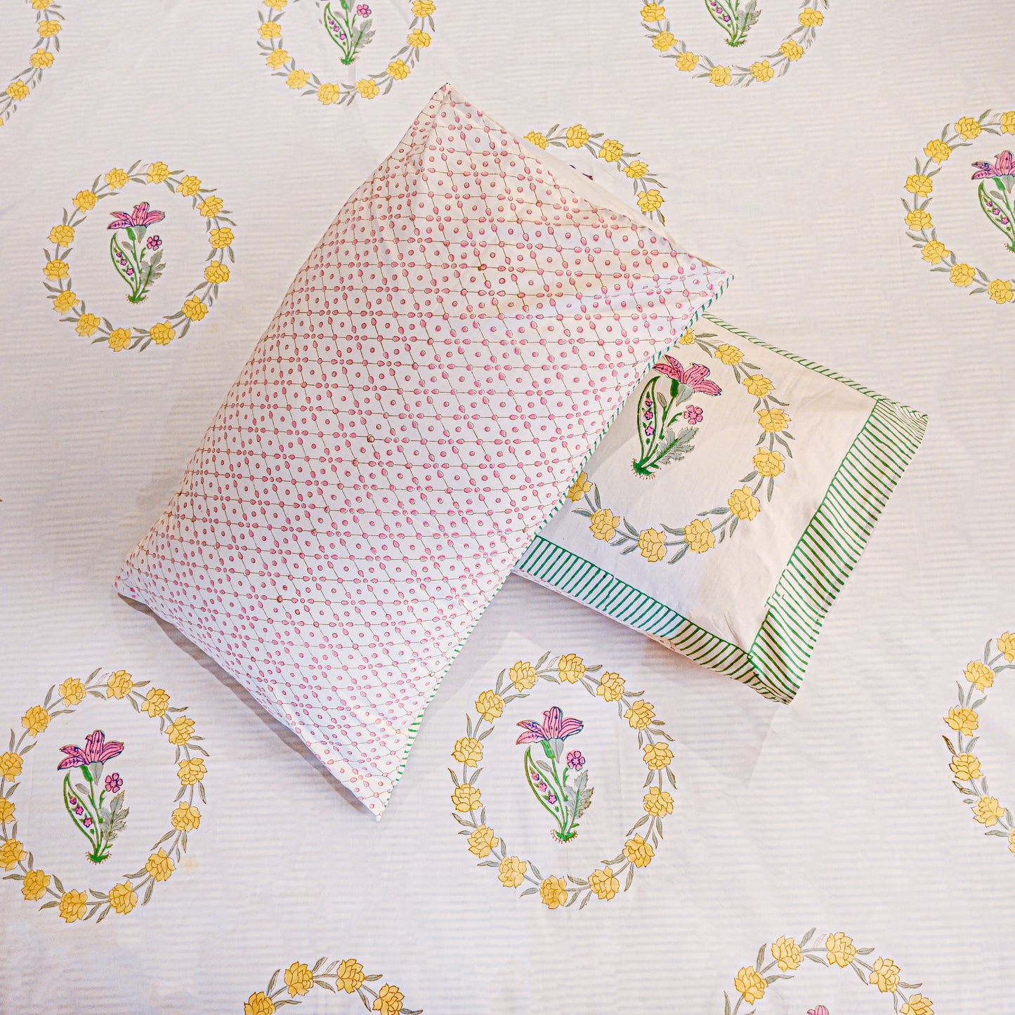 Heritage Block Print 100% Cotton Percale Bedsheet with 2 Pillowcases