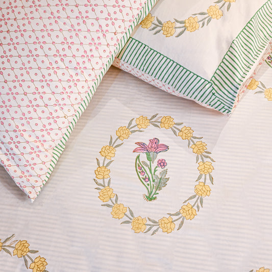 Heritage Block Print 100% Cotton Percale Bedsheet with 2 Pillowcases