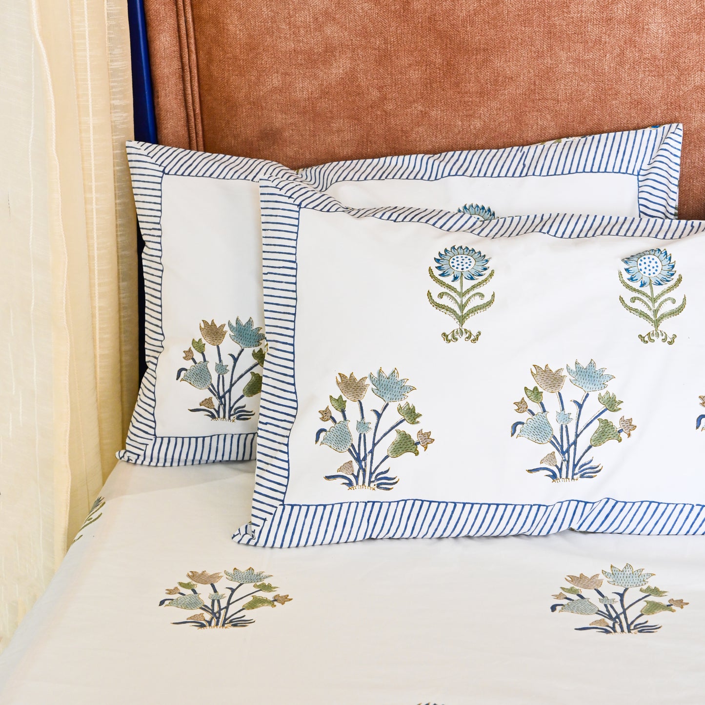 Heritage Block Print 100% Cotton Percale Bedsheet with 2 Pillowcases