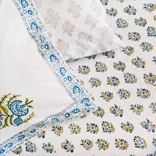 Heritage Block Print 100% Cotton Percale Bedsheet with 2 Pillowcases