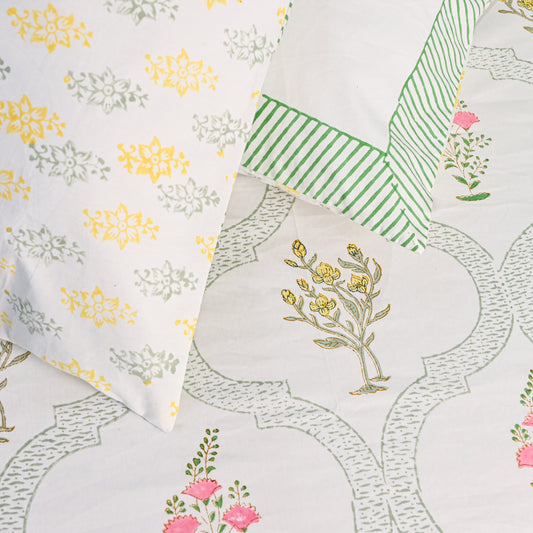 Heritage Block Print 100% Cotton Percale Bedsheet with 2 Pillowcases