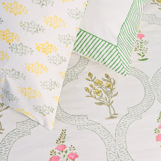 Heritage Block Print 100% Cotton Percale Bedsheet with 2 Pillowcases