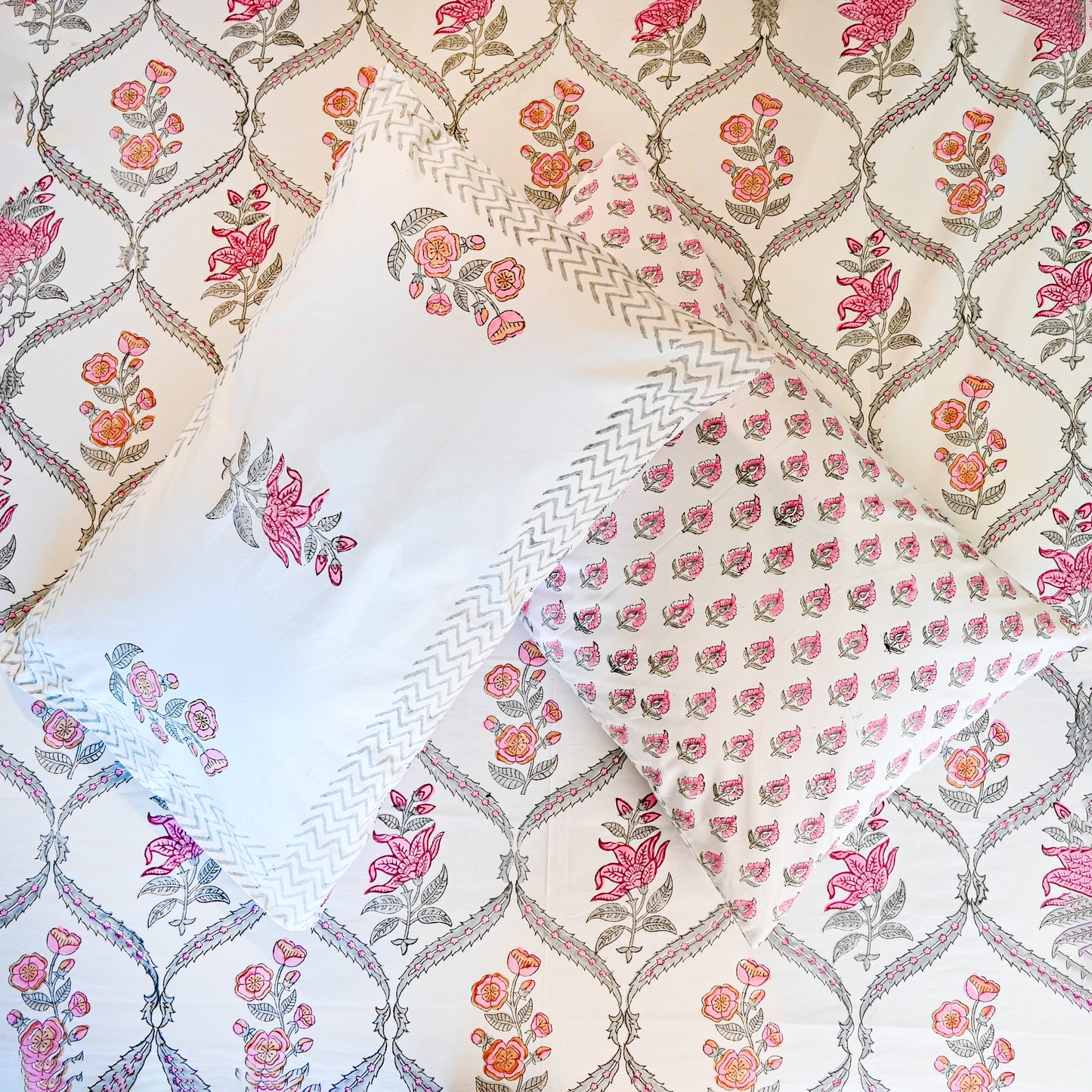 Heritage Block Print 100% Cotton Percale Bedsheet with 2 Pillowcases