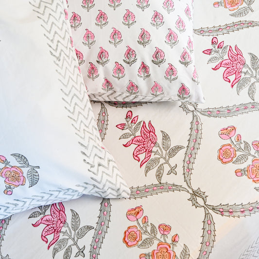 Heritage Block Print 100% Cotton Percale Bedsheet with 2 Pillowcases