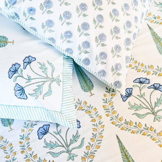 Heritage Block Print 100% Cotton Percale Bedsheet with 2 Pillowcases