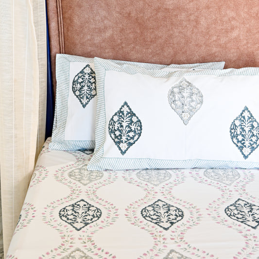 Heritage Block Print 100% Cotton Percale Bedsheet with 2 Pillowcases