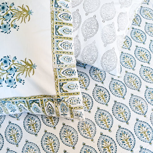Heritage Block Print 100% Cotton Percale Bedsheet with 2 Pillowcases