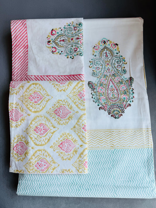 Heritage Block Print 100% Cotton Percale Bedsheet with 2 Pillowcases