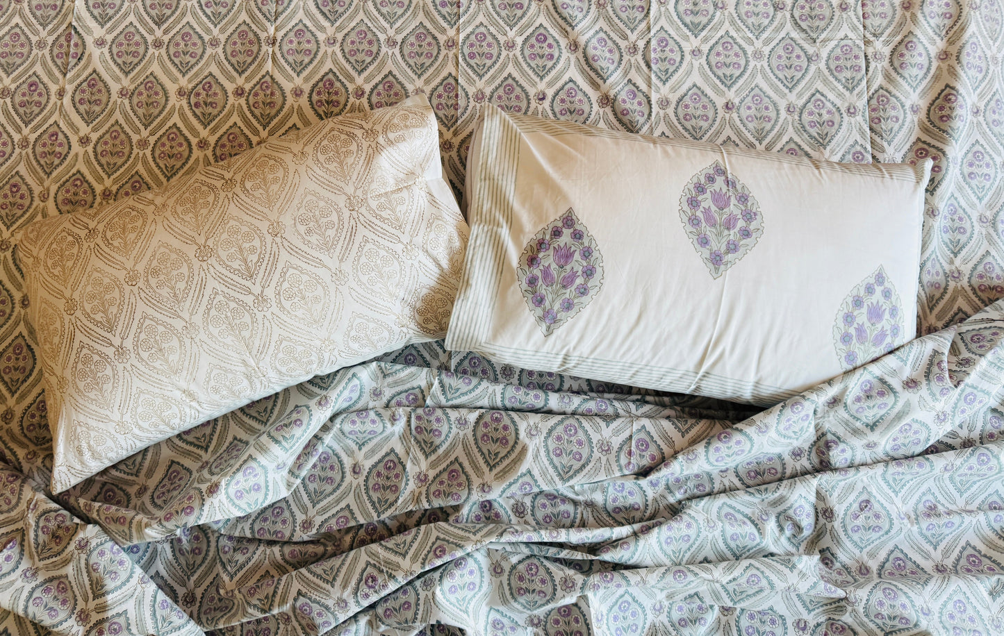 Heritage Block Print 100% Cotton Percale Bedsheet with 2 Pillowcases