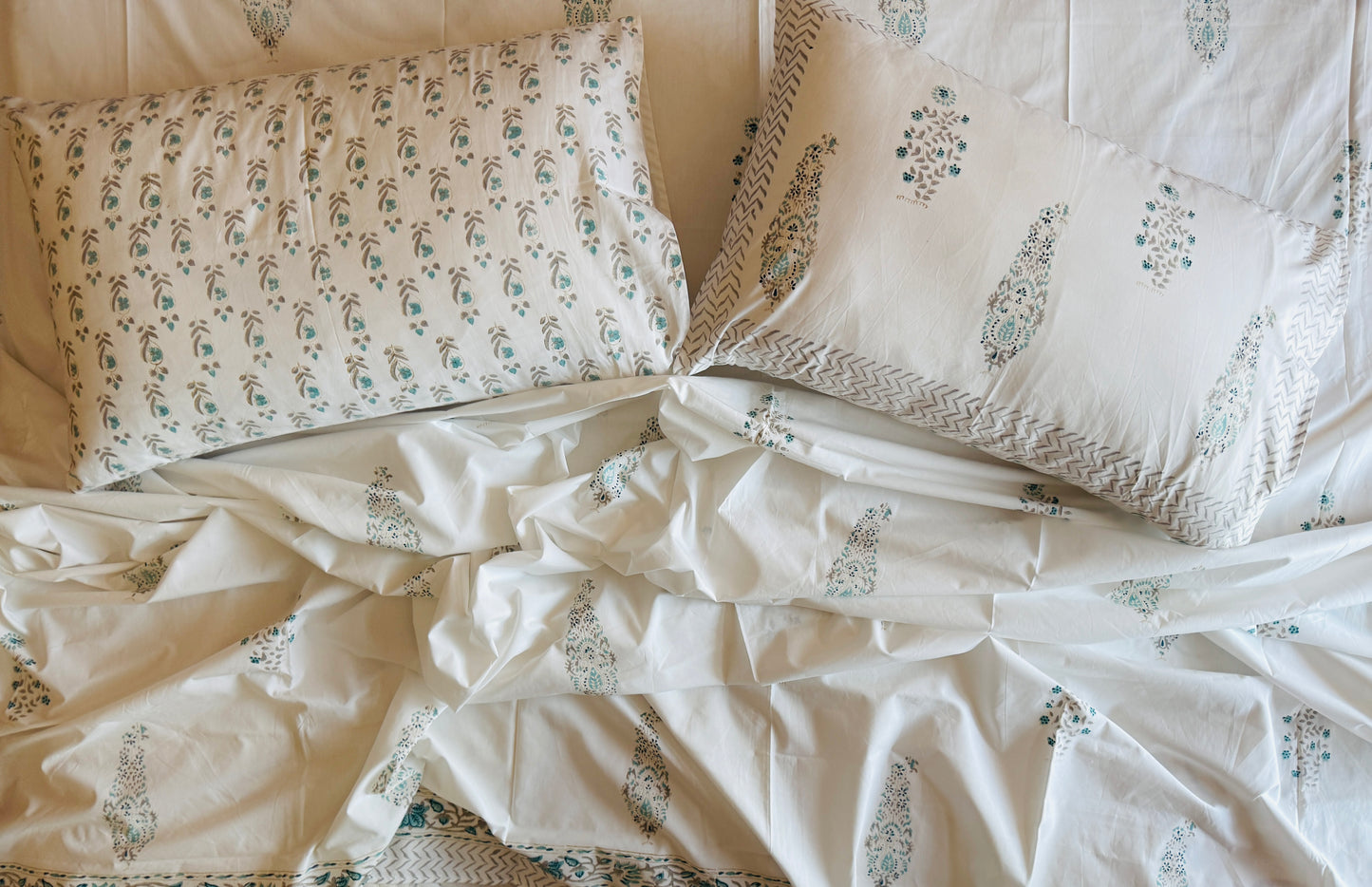 Heritage Block Print 100% Cotton Percale Bedsheet with 2 Pillowcases