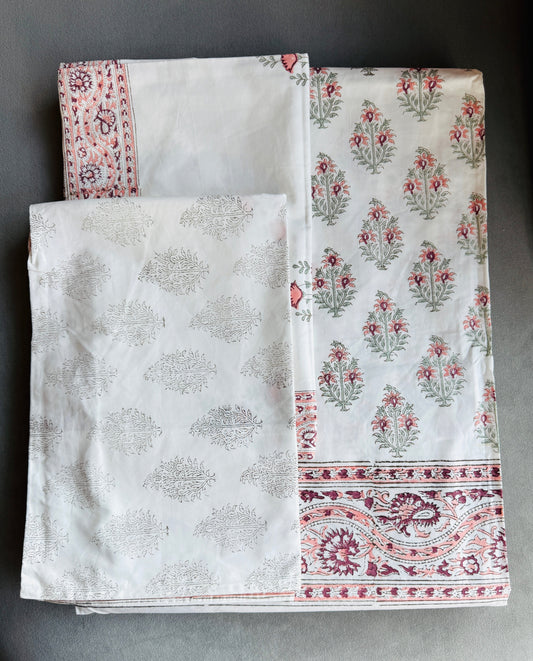 Heritage Block Print 100% Cotton Percale Bedsheet with 2 Pillowcases