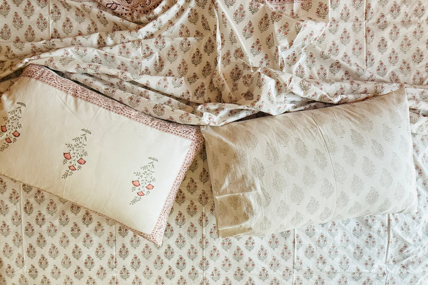 Heritage Block Print 100% Cotton Percale Bedsheet with 2 Pillowcases