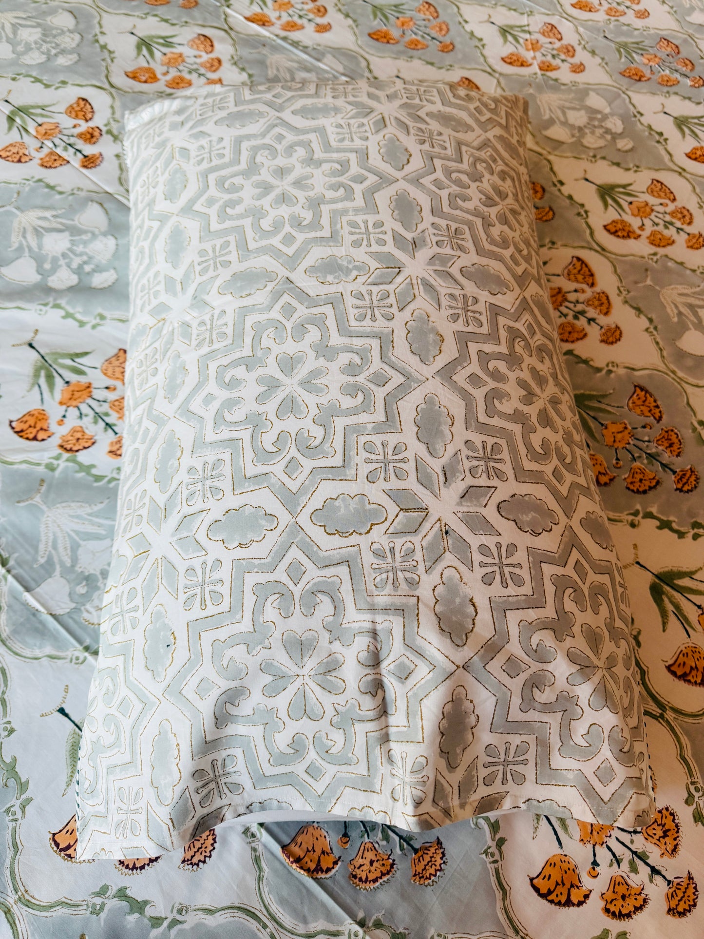 Santorini Block Print 100% Cotton Percale Bedsheet with 2 Pillowcases