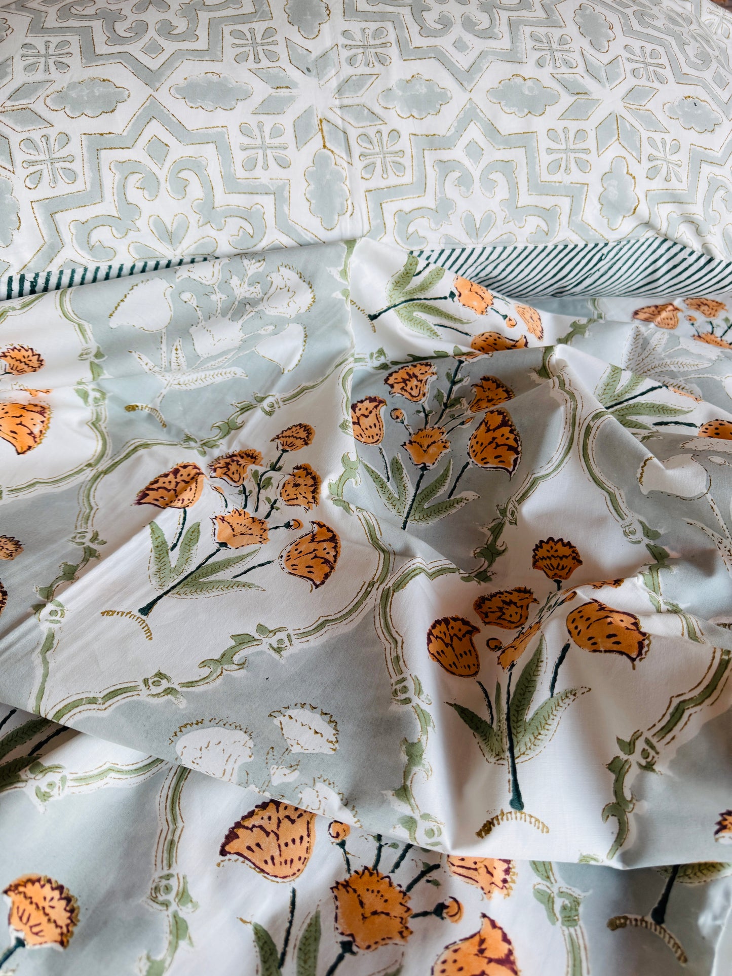 Santorini Block Print 100% Cotton Percale Bedsheet with 2 Pillowcases