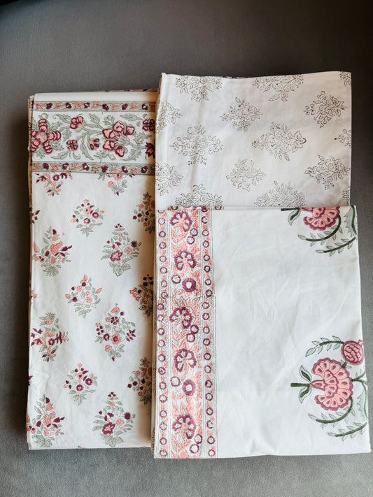 Versailles Block Print 100% Cotton Percale Bedsheet with 2 Pillowcases