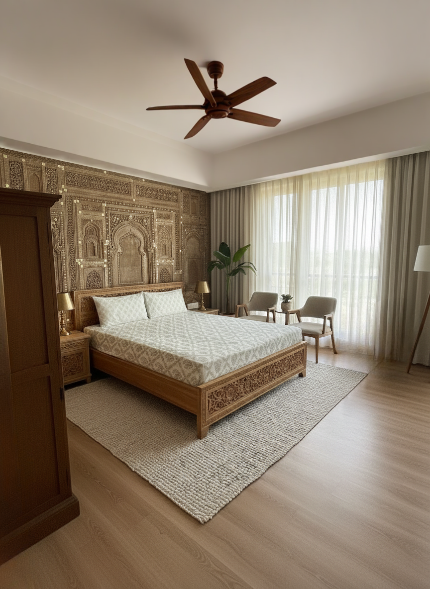 Heritage Block Print 100% Cotton Percale Bedsheet with 2 Pillowcases