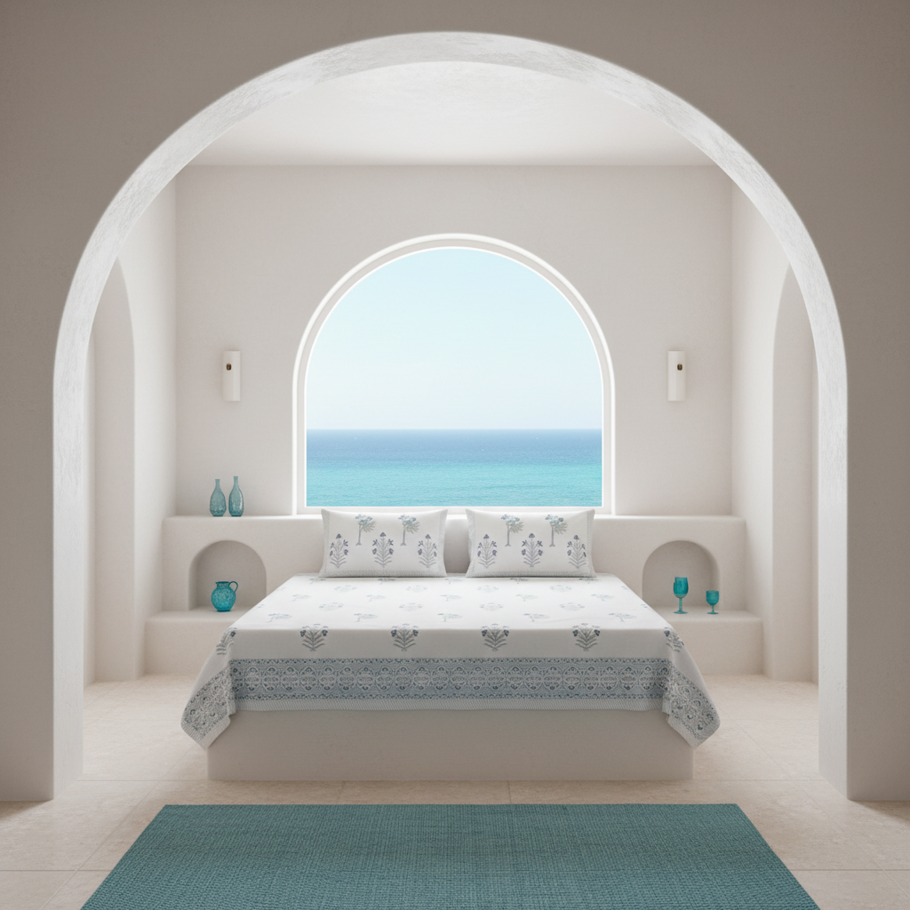 Santorini Block Print 100% Cotton Percale Bedsheet with 2 Pillowcases