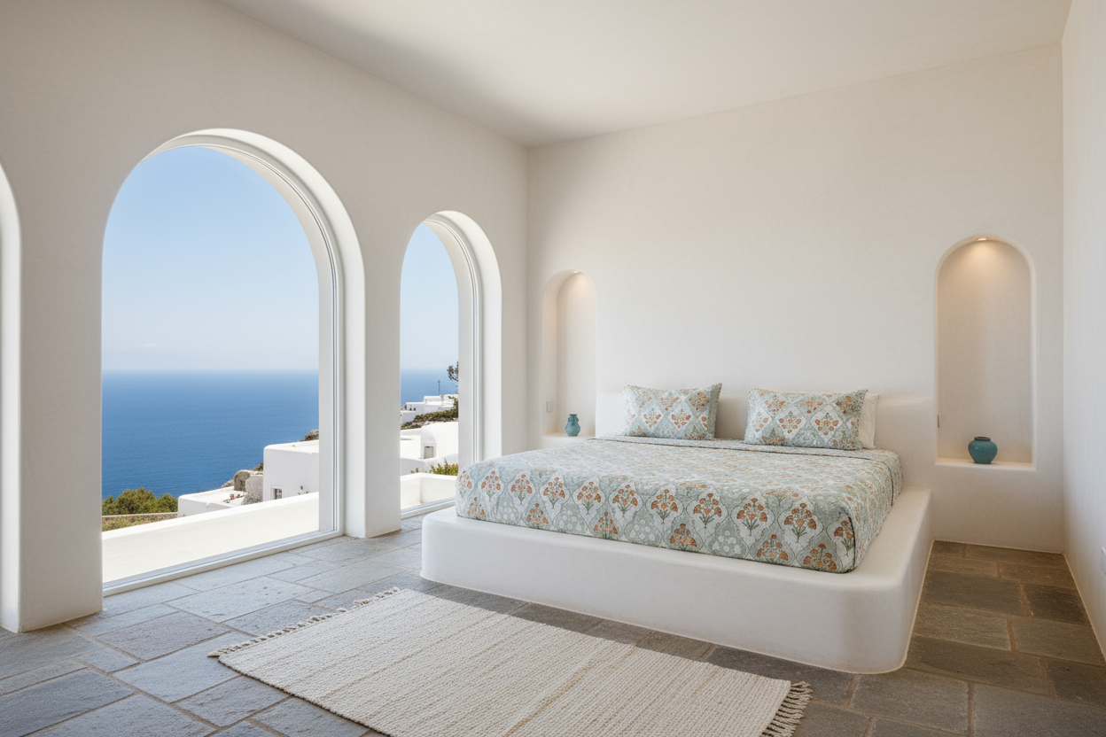 Santorini Block Print 100% Cotton Percale Bedsheet with 2 Pillowcases