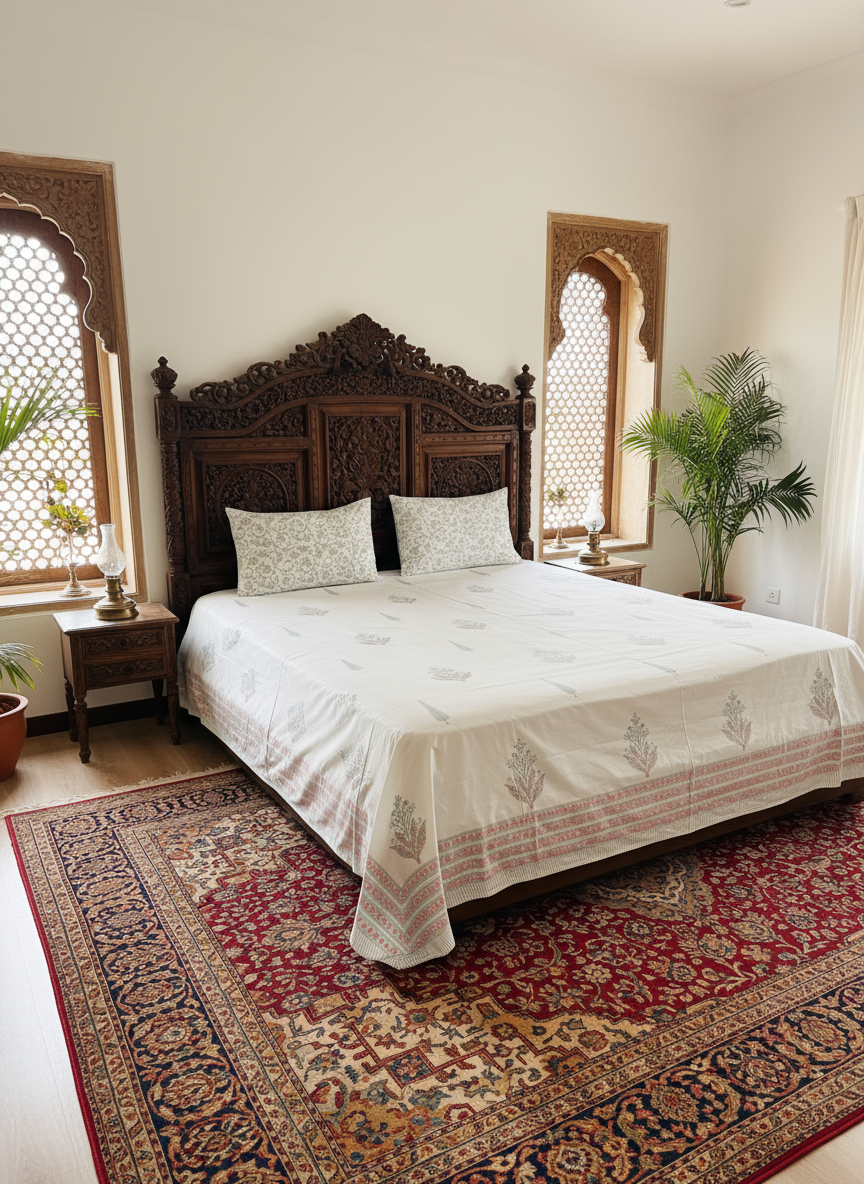 Heritage Block Print 100% Cotton Percale Bedsheet with 2 Pillowcases