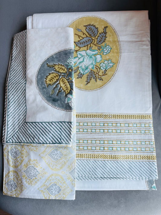 Heritage Block Print 100% Cotton Percale Bedsheet with 2 Pillowcases