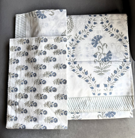 Heritage Block Print 100% Cotton Percale Bedsheet with 2 Pillowcases