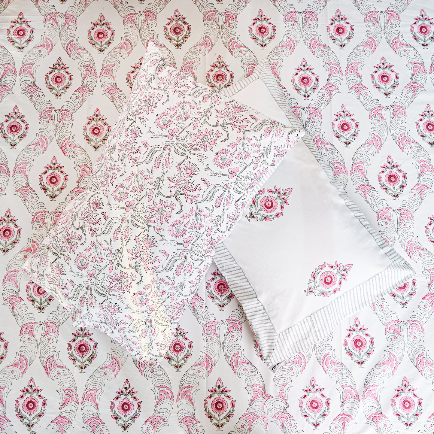Heritage Block Print 100% Cotton Percale Bedsheet with 2 Pillowcases
