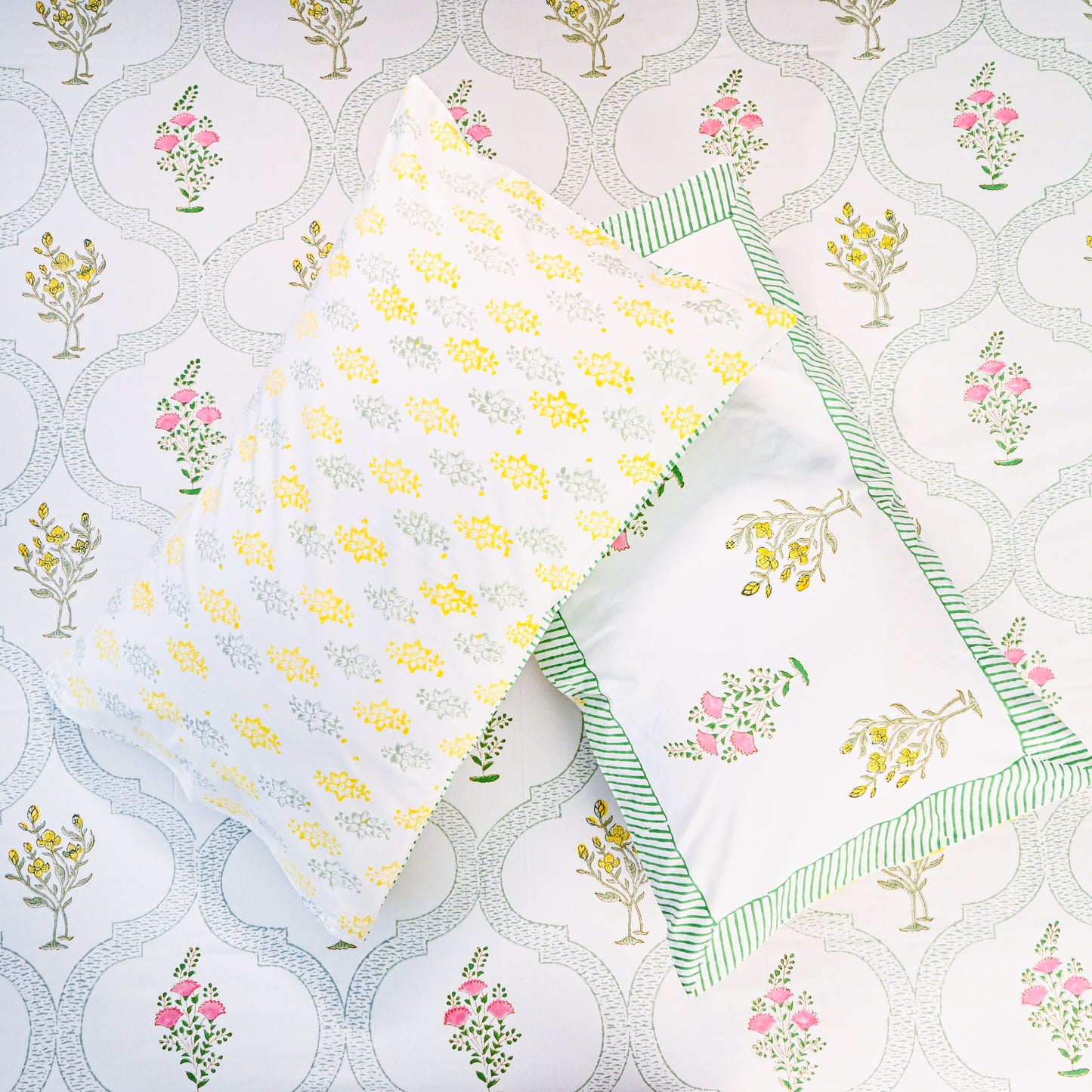 Heritage Block Print 100% Cotton Percale Bedsheet with 2 Pillowcases