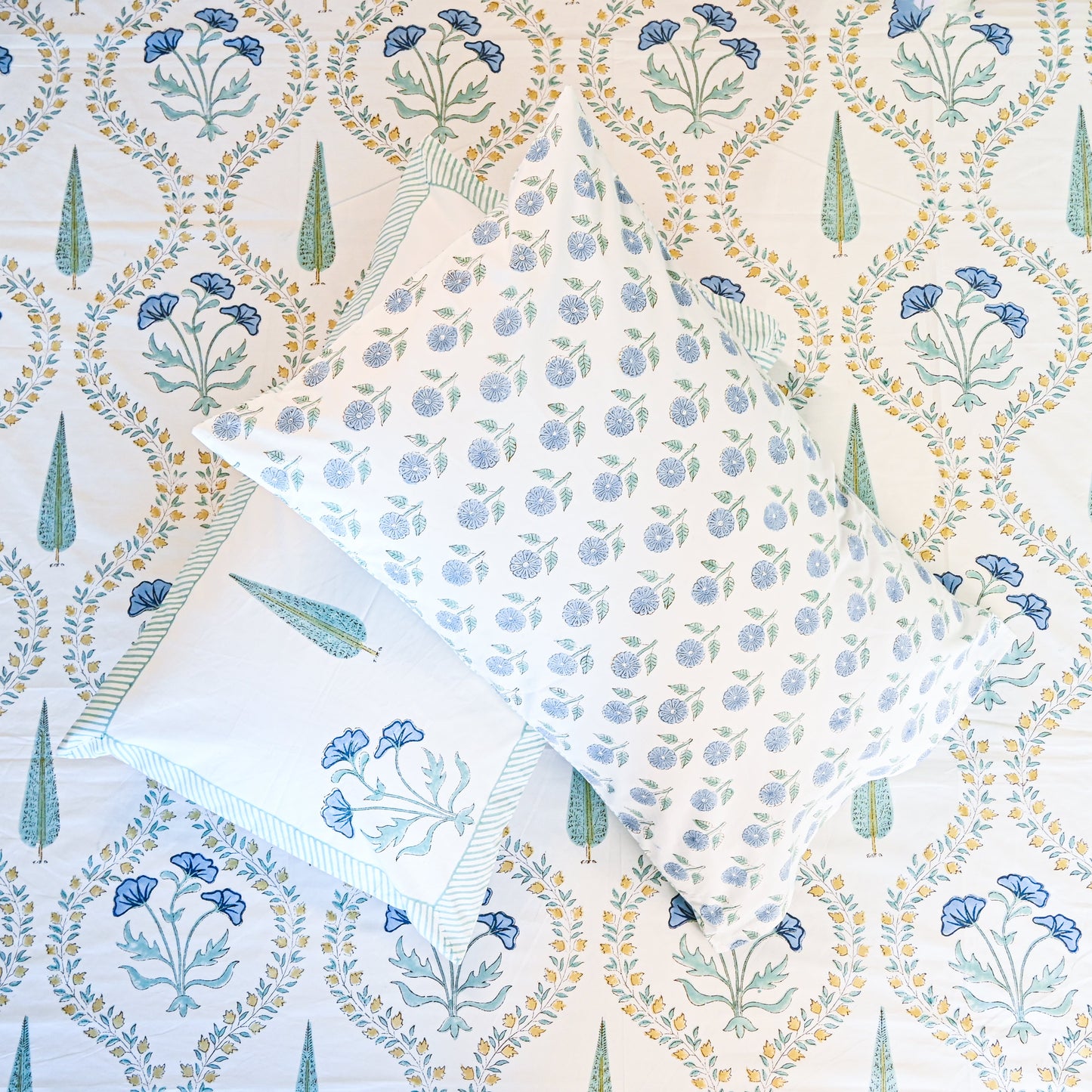 Heritage Block Print 100% Cotton Percale Bedsheet with 2 Pillowcases