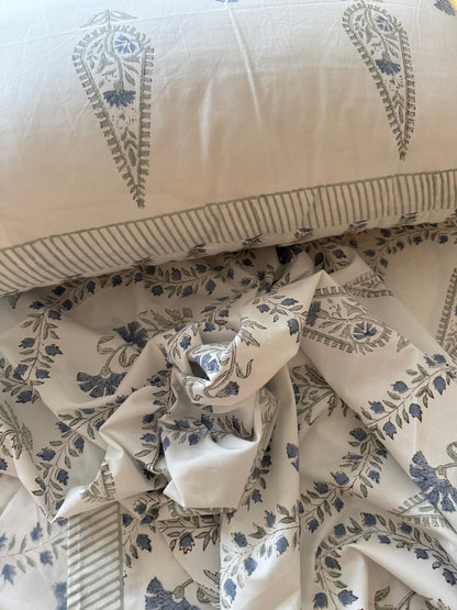 Heritage Block Print 100% Cotton Percale Bedsheet with 2 Pillowcases