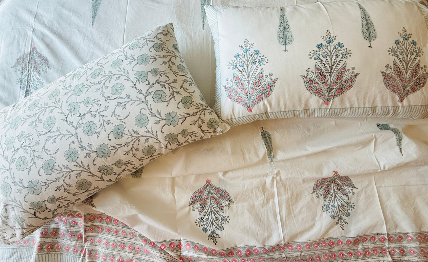 Heritage Block Print 100% Cotton Percale Bedsheet with 2 Pillowcases