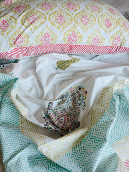 Heritage Block Print 100% Cotton Percale Bedsheet with 2 Pillowcases