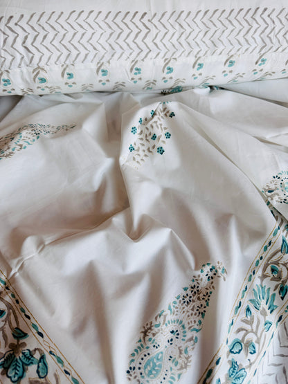 Heritage Block Print 100% Cotton Percale Bedsheet with 2 Pillowcases