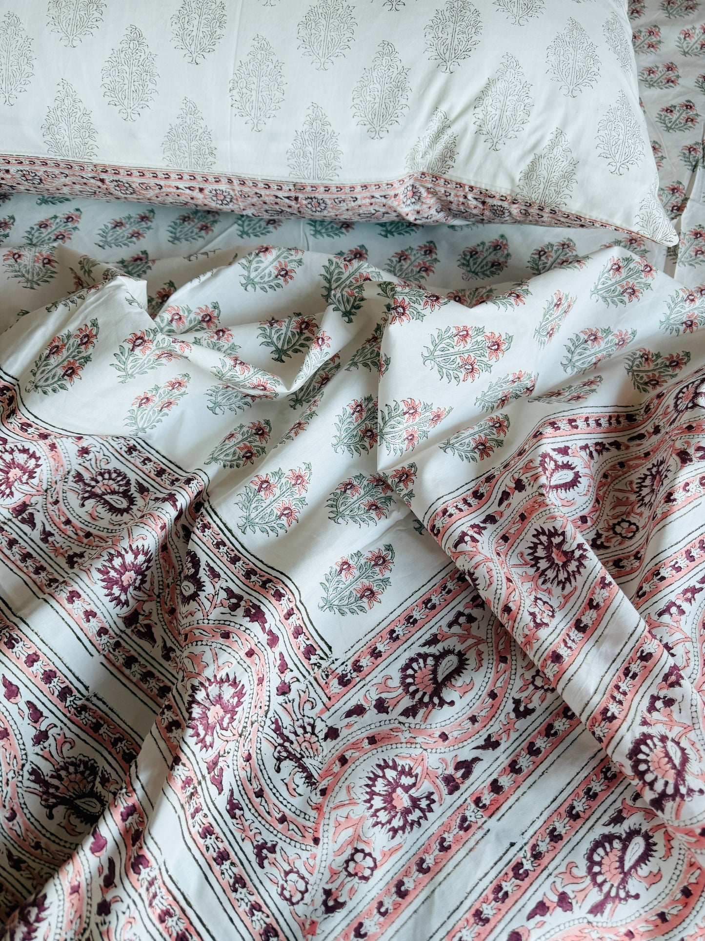 Heritage Block Print 100% Cotton Percale Bedsheet with 2 Pillowcases