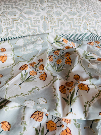 Santorini Block Print 100% Cotton Percale Bedsheet with 2 Pillowcases