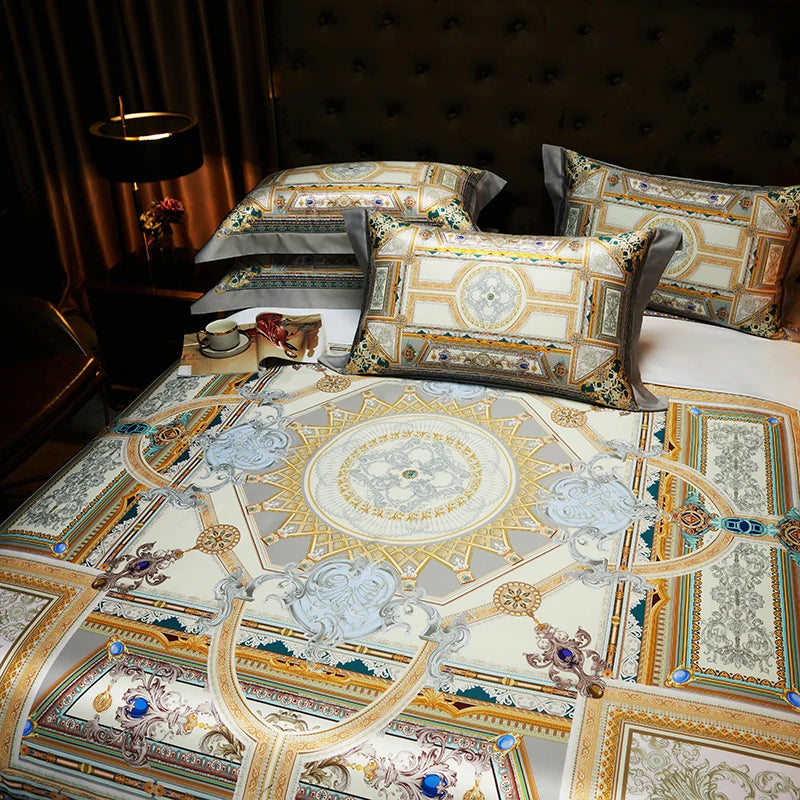 European Style Luxury Vintage Bedding Set, 1000TC Egyptian Cotton, Soft Silky Satin, Bohemia Duvet Cover, Bed Sheet, Pillowcases