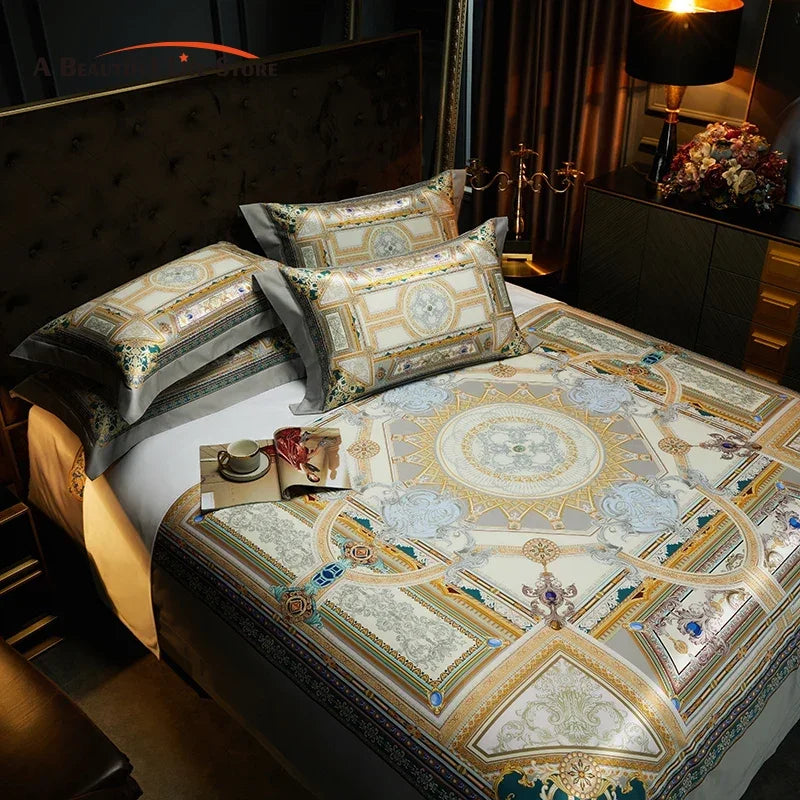 European Style Luxury Vintage Bedding Set, 1000TC Egyptian Cotton, Soft Silky Satin, Bohemia Duvet Cover, Bed Sheet, Pillowcases