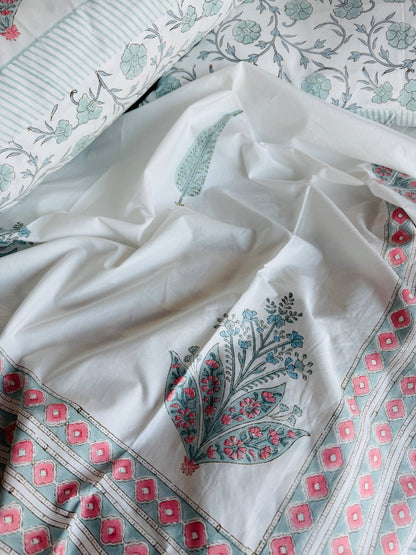 Heritage Block Print 100% Cotton Percale Bedsheet with 2 Pillowcases