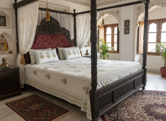 Heritage Block Print 100% Cotton Percale Bedsheet with 2 Pillowcases - SAR-0432-LBL