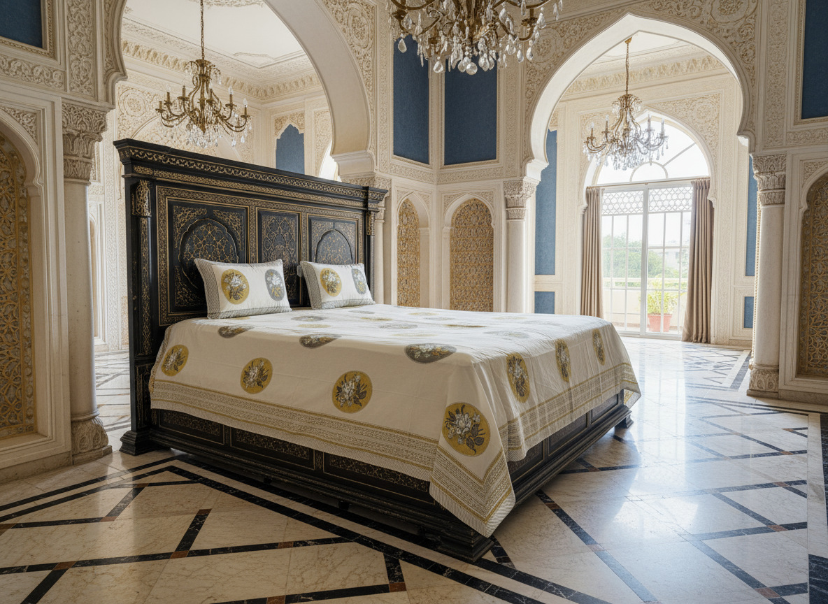 Heritage Block Print 100% Cotton Percale Bedsheet with 2 Pillowcases