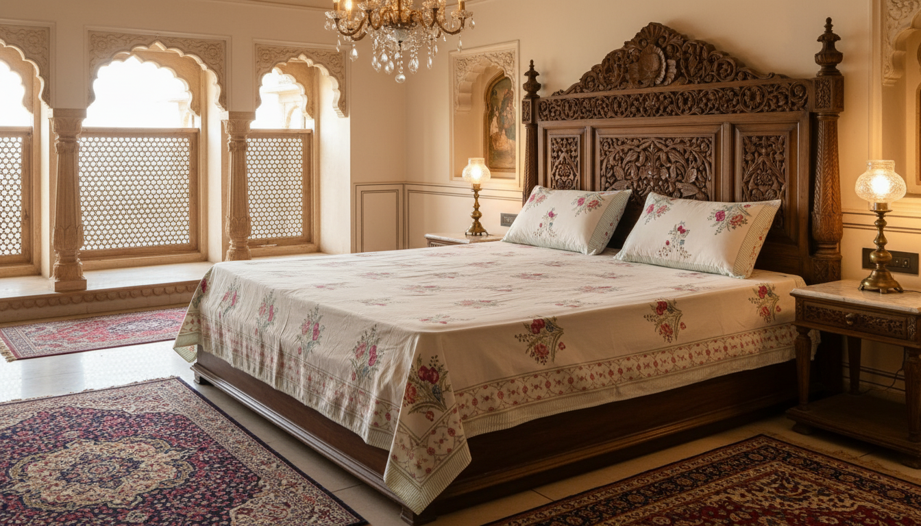 Heritage Block Print 100% Cotton Percale Bedsheet with 2 Pillowcases