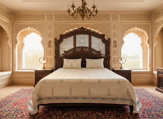 Heritage Block Print 100% Cotton Percale Bedsheet with 2 Pillowcases