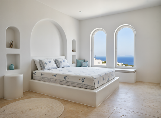 Santorini Block Print 100% Cotton Percale Bedsheet with 2 Pillowcases
