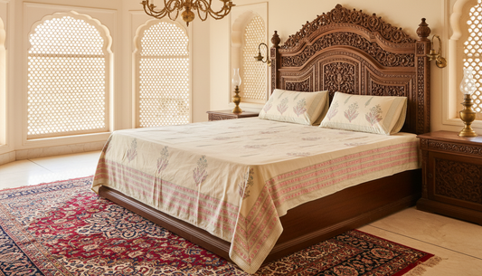 Heritage Block Print 100% Cotton Percale Bedsheet with 2 Pillowcases