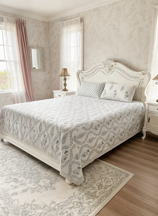 Heritage Block Print 100% Cotton Percale Bedsheet with 2 Pillowcases