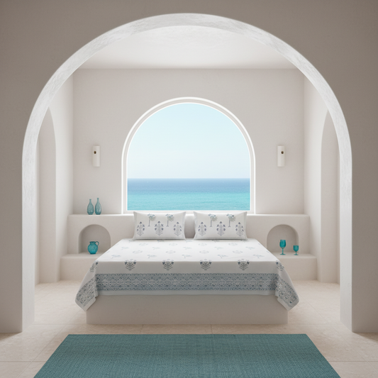 Santorini Block Print 100% Cotton Percale Bedsheet with 2 Pillowcases