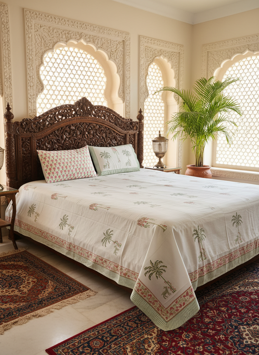 Heritage Block Print 100% Cotton Percale Bedsheet with 2 Pillowcases