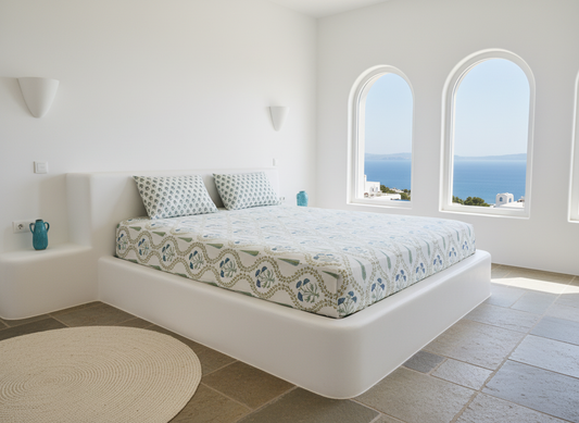 Santorini Block Print 100% Cotton Percale Bedsheet with 2 Pillowcases