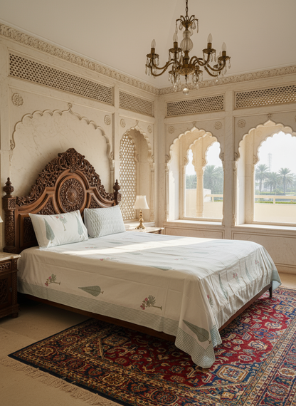 Heritage Block Print 100% Cotton Percale Bedsheet with 2 Pillowcases